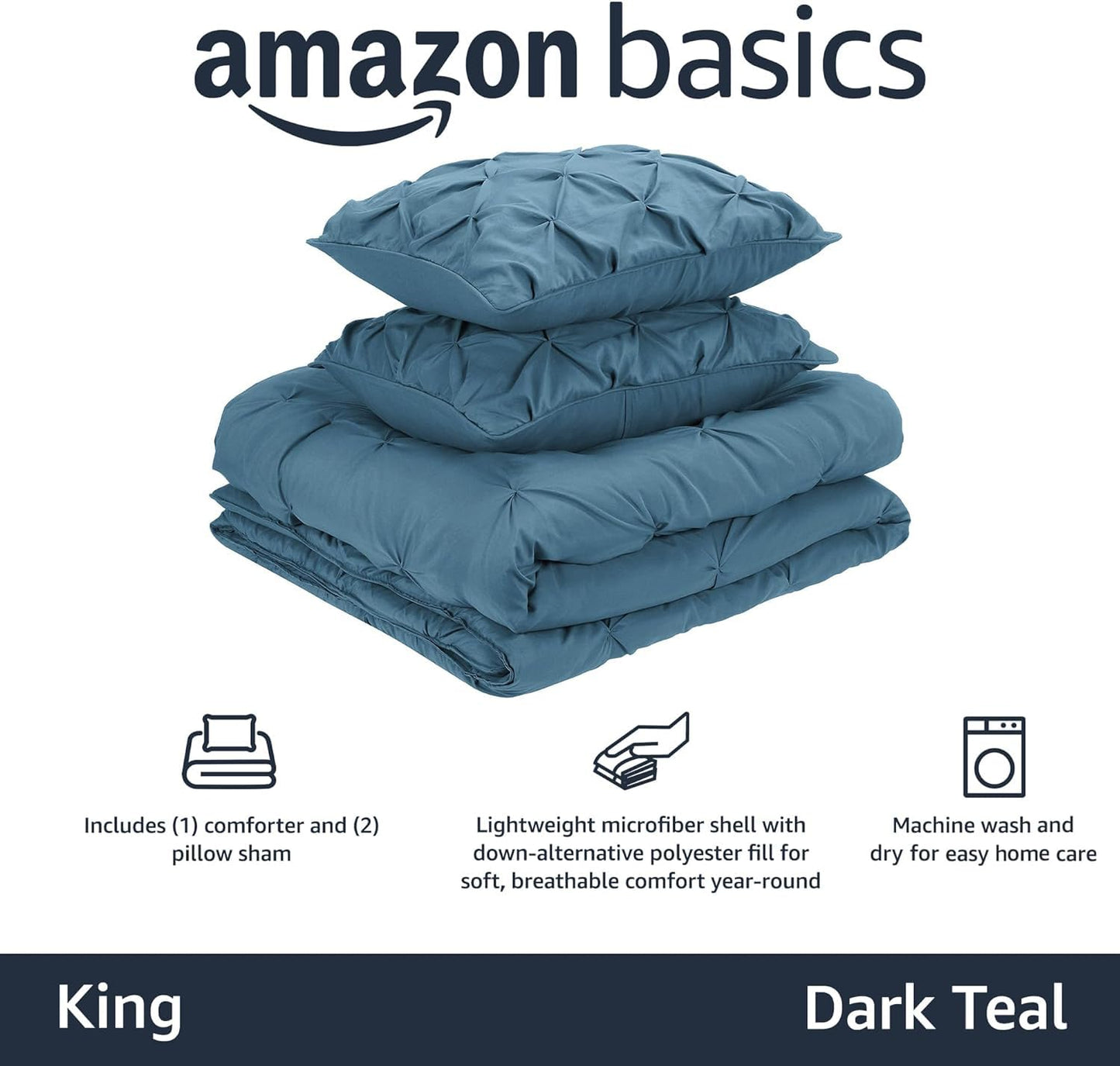 Amazon Basics King Size Comforter Sets, All-Season Down-Alternative 3-Piece Bedding Set, Pinch Pleat Design, Dark Grey