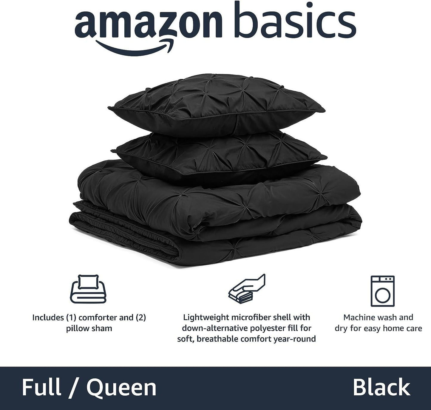 Amazon Basics King Size Comforter Sets, All-Season Down-Alternative 3-Piece Bedding Set, Pinch Pleat Design, Dark Grey