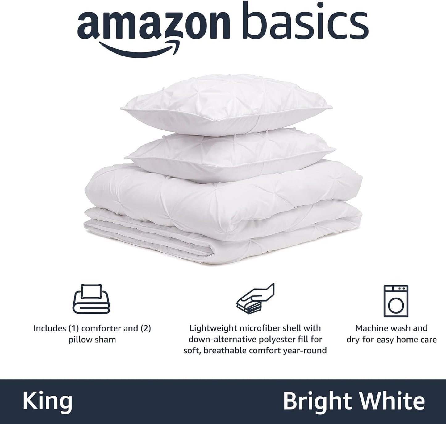 Amazon Basics King Size Comforter Sets, All-Season Down-Alternative 3-Piece Bedding Set, Pinch Pleat Design, Dark Grey