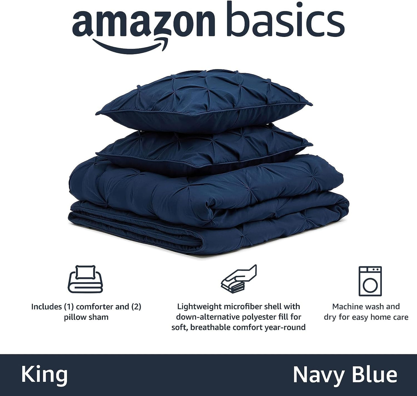 Amazon Basics King Size Comforter Sets, All-Season Down-Alternative 3-Piece Bedding Set, Pinch Pleat Design, Dark Grey