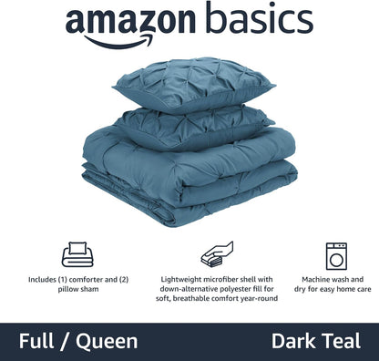 Amazon Basics King Size Comforter Sets, All-Season Down-Alternative 3-Piece Bedding Set, Pinch Pleat Design, Dark Grey