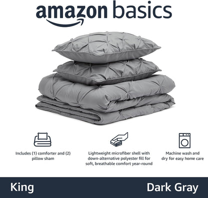 Amazon Basics King Size Comforter Sets, All-Season Down-Alternative 3-Piece Bedding Set, Pinch Pleat Design, Dark Grey