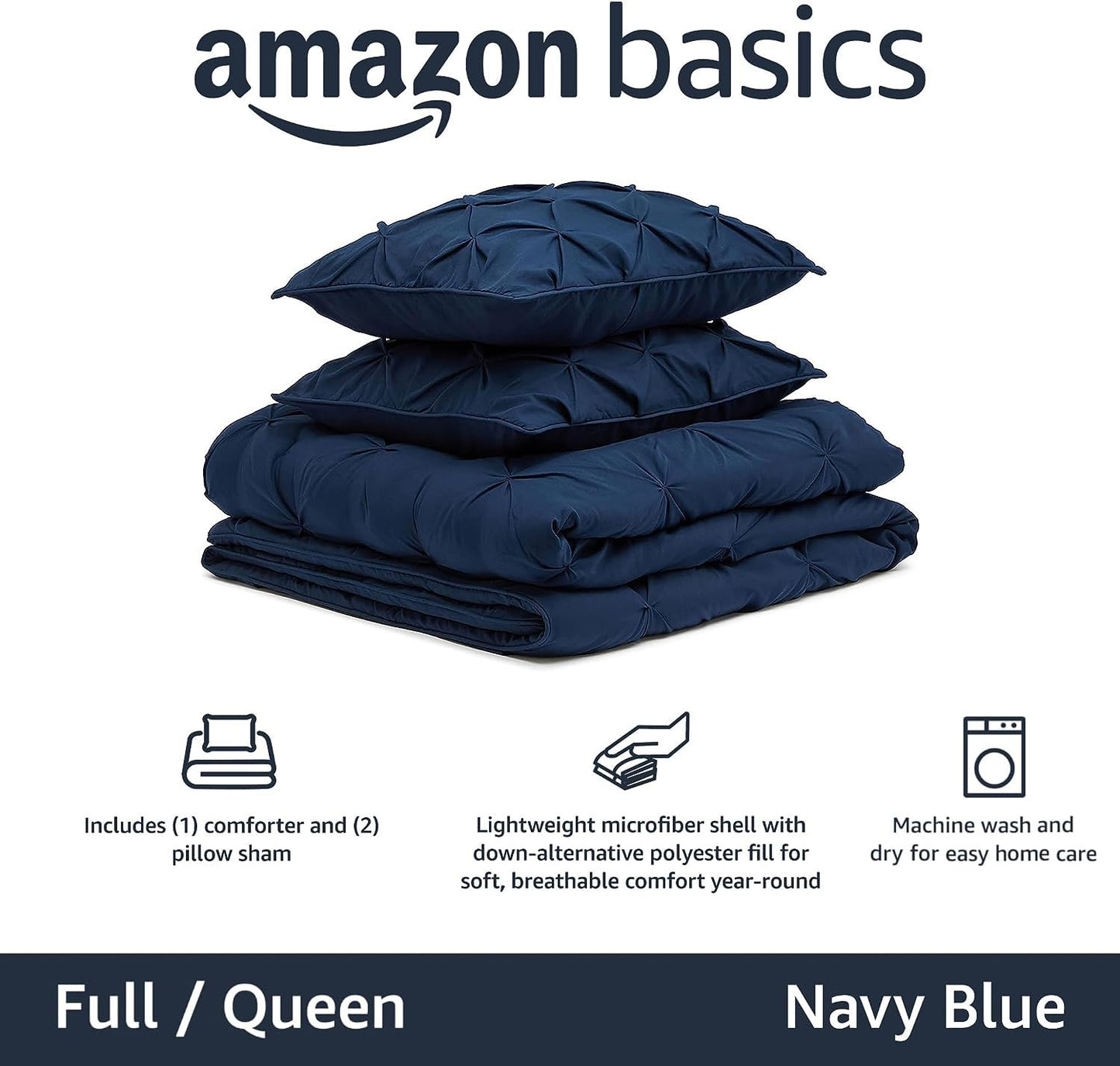 Amazon Basics King Size Comforter Sets, All-Season Down-Alternative 3-Piece Bedding Set, Pinch Pleat Design, Dark Grey