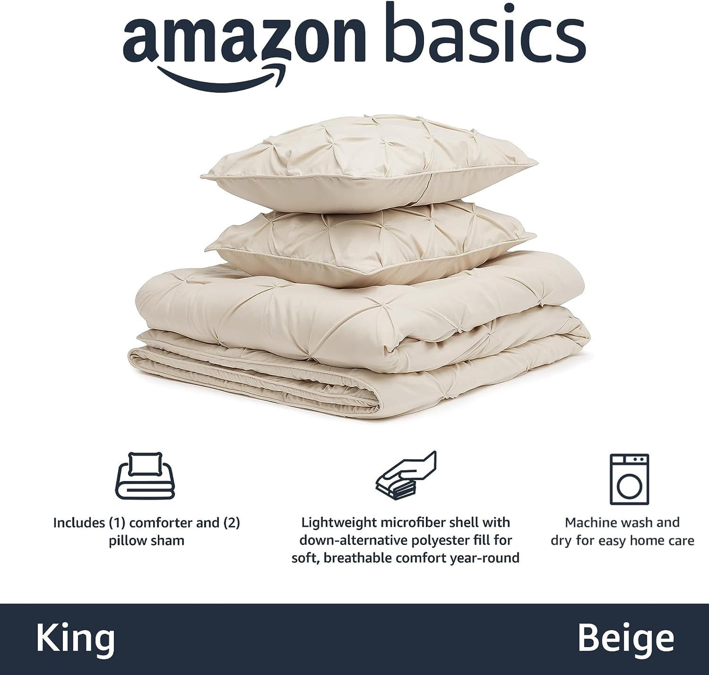 Amazon Basics King Size Comforter Sets, All-Season Down-Alternative 3-Piece Bedding Set, Pinch Pleat Design, Dark Grey