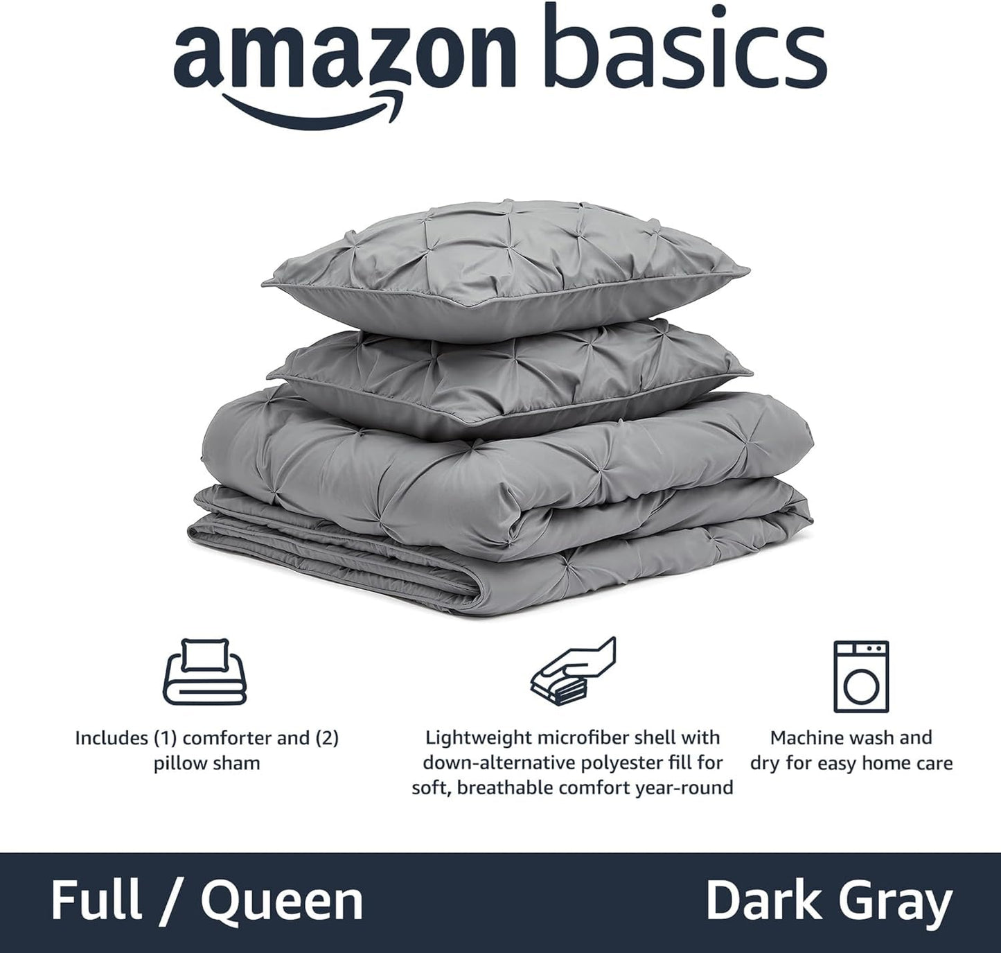 Amazon Basics King Size Comforter Sets, All-Season Down-Alternative 3-Piece Bedding Set, Pinch Pleat Design, Dark Grey