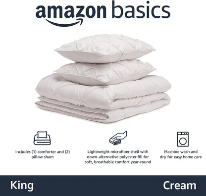 Amazon Basics King Size Comforter Sets, All-Season Down-Alternative 3-Piece Bedding Set, Pinch Pleat Design, Dark Grey