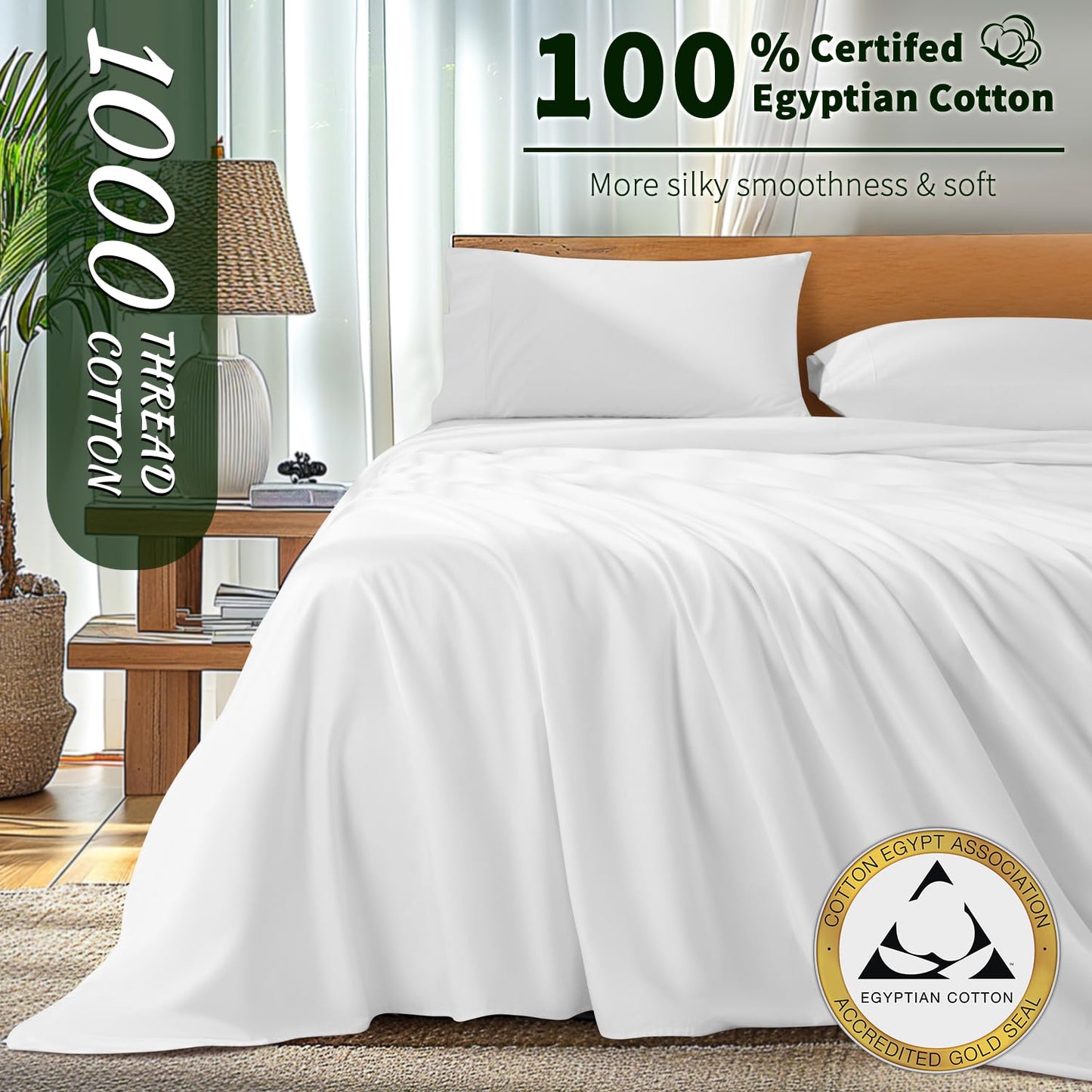 Luxury 1000 High Thread Count Egyptian Cotton Bed Sheets 4 PC, Breathable & Cooling Sheets, 16" Deep Pocket