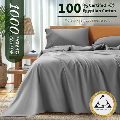 Luxury 1000 High Thread Count Egyptian Cotton Bed Sheets 4 PC, Breathable & Cooling Sheets, 16" Deep Pocket