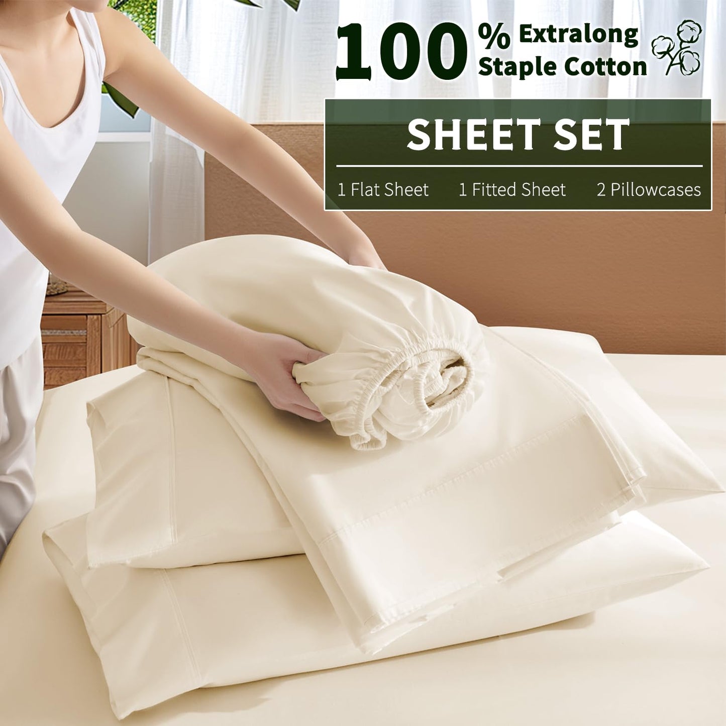 Luxury 1000 High Thread Count Egyptian Cotton Bed Sheets 4 PC, Breathable & Cooling Sheets, 16" Deep Pocket