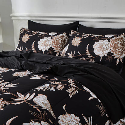 Yogeneg 7 Piece Bed in a Bag King Size Comforter Set Botanical Floral Bedding Set,White Flower Leaves Printed on Black Reversible Design