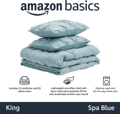 Amazon Basics King Size Comforter Sets, All-Season Down-Alternative 3-Piece Bedding Set, Pinch Pleat Design, Dark Grey