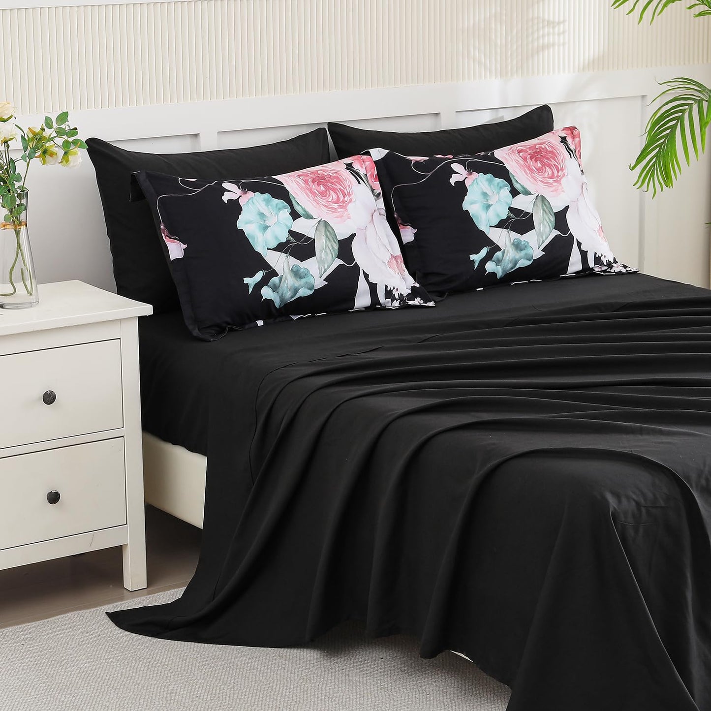 Yogeneg 7 Piece Bed in a Bag King Size Comforter Set Botanical Floral Bedding Set,White Flower Leaves Printed on Black Reversible Design