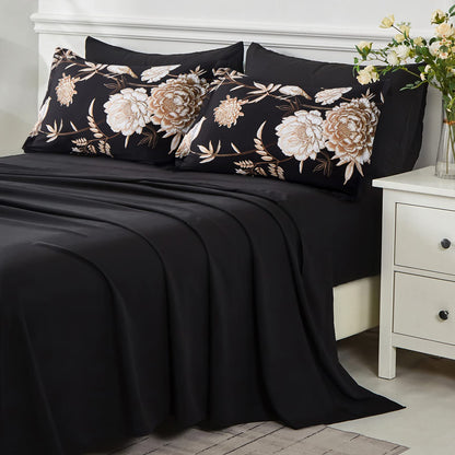 Yogeneg 7 Piece Bed in a Bag King Size Comforter Set Botanical Floral Bedding Set,White Flower Leaves Printed on Black Reversible Design