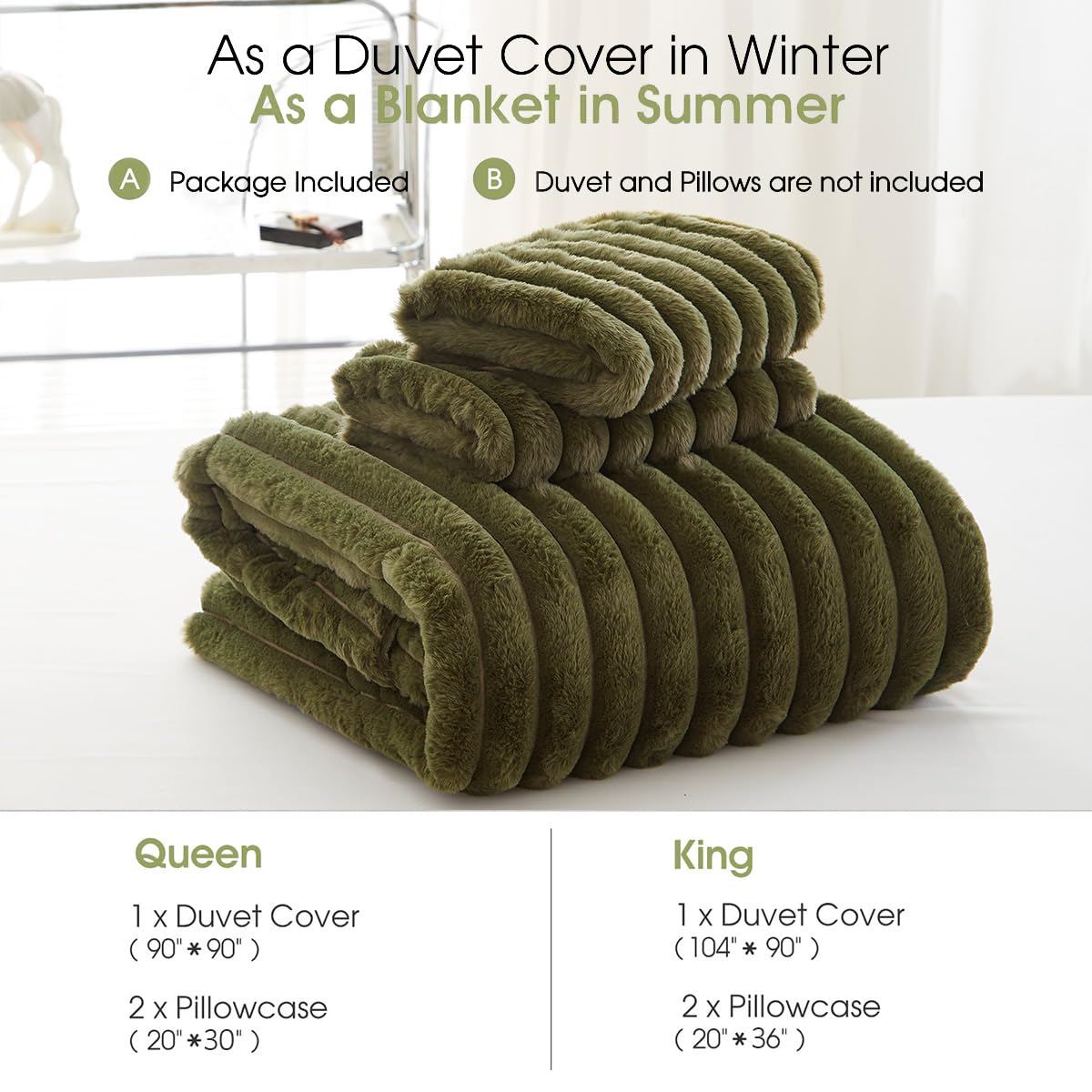 Nayoroom Fluffy Faux Fur Duvet Cover Queen Size Velvet Flannel Olive Green Striped Reversible Comforter Cover Winter Warm 3 Pcs