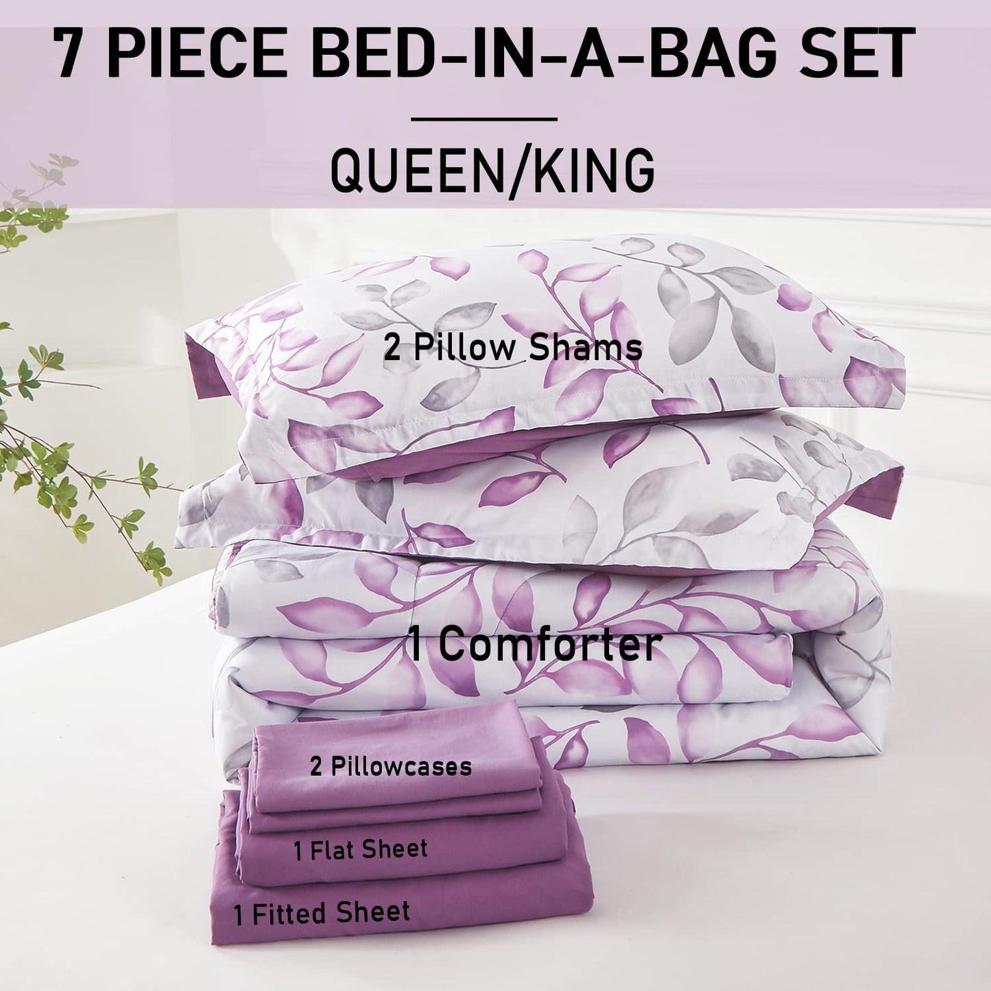 Yogeneg 7 Piece Bed in a Bag King Size Comforter Set Botanical Floral Bedding Set,White Flower Leaves Printed on Black Reversible Design