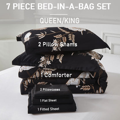 Yogeneg 7 Piece Bed in a Bag King Size Comforter Set Botanical Floral Bedding Set,White Flower Leaves Printed on Black Reversible Design