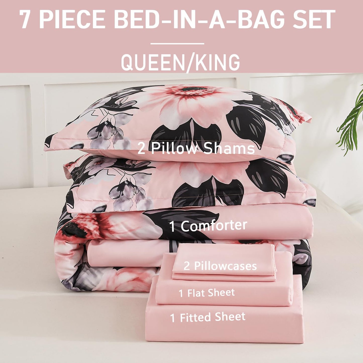 Yogeneg 7 Piece Bed in a Bag King Size Comforter Set Botanical Floral Bedding Set,White Flower Leaves Printed on Black Reversible Design