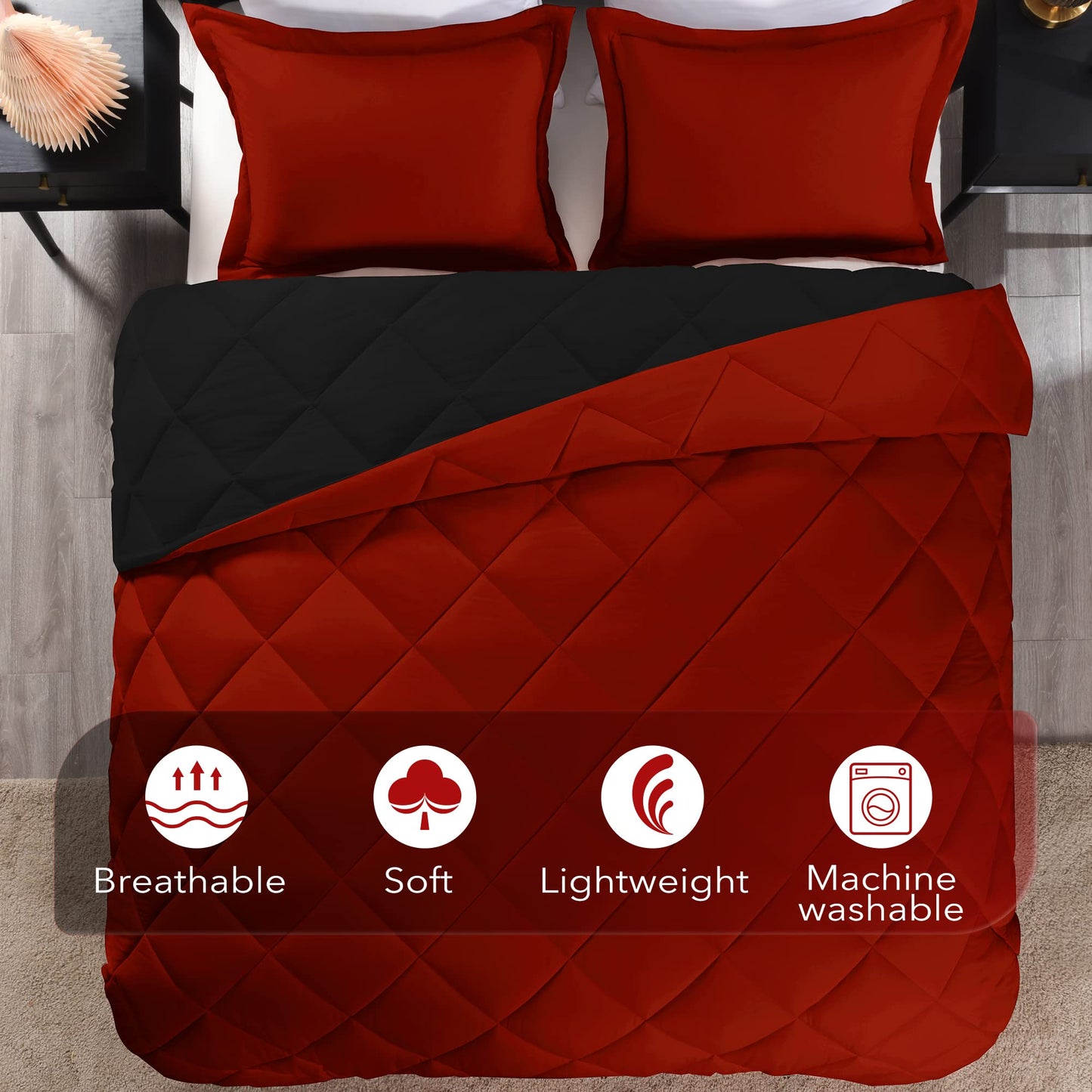 Downluxe King Size Comforter Set - Red and Black King Comforter, Soft Bedding Sets for All Seasons - 3 Pieces