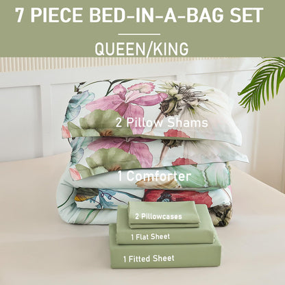 Yogeneg 7 Piece Bed in a Bag King Size Comforter Set Botanical Floral Bedding Set,White Flower Leaves Printed on Black Reversible Design