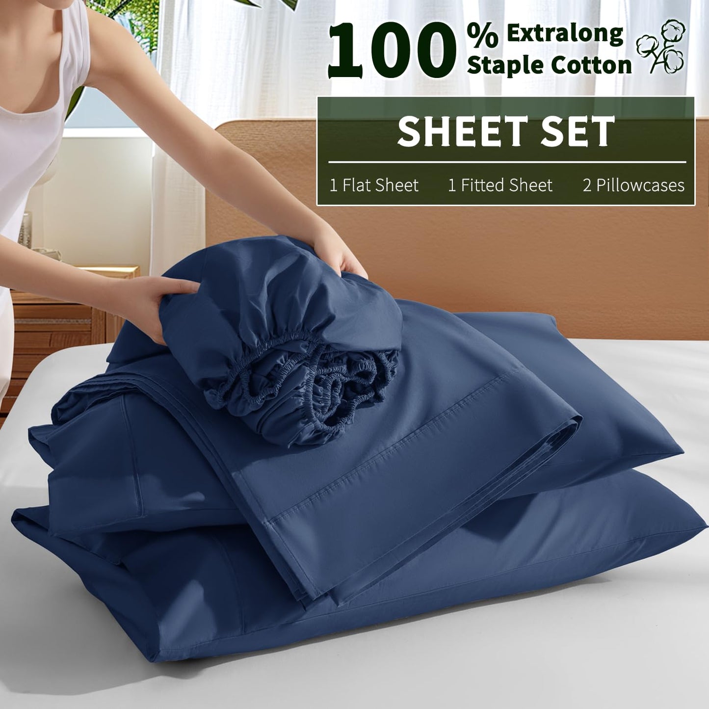 Luxury 1000 High Thread Count Egyptian Cotton Bed Sheets 4 PC, Breathable & Cooling Sheets, 16" Deep Pocket