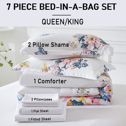 Yogeneg 7 Piece Bed in a Bag King Size Comforter Set Botanical Floral Bedding Set,White Flower Leaves Printed on Black Reversible Design