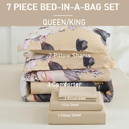 Yogeneg 7 Piece Bed in a Bag King Size Comforter Set Botanical Floral Bedding Set,White Flower Leaves Printed on Black Reversible Design