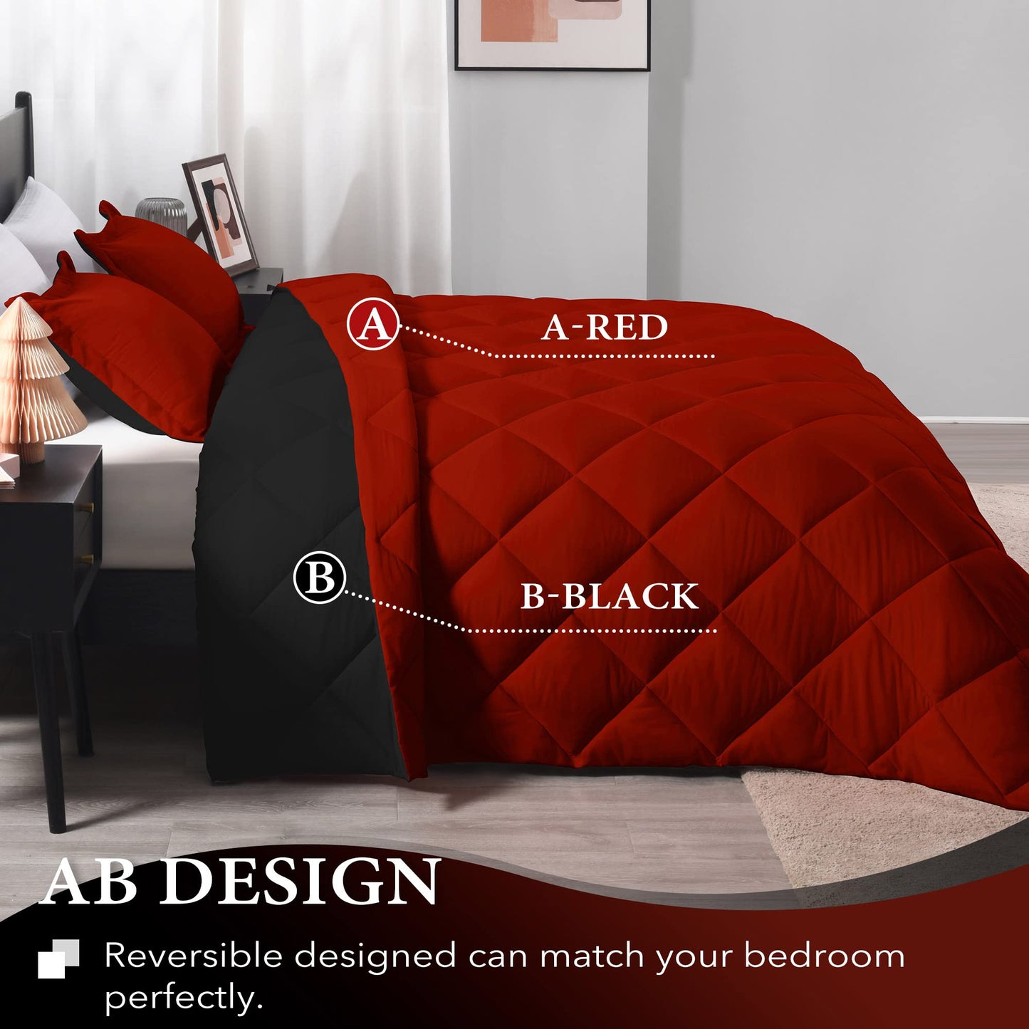 Downluxe King Size Comforter Set - Red and Black King Comforter, Soft Bedding Sets for All Seasons - 3 Pieces