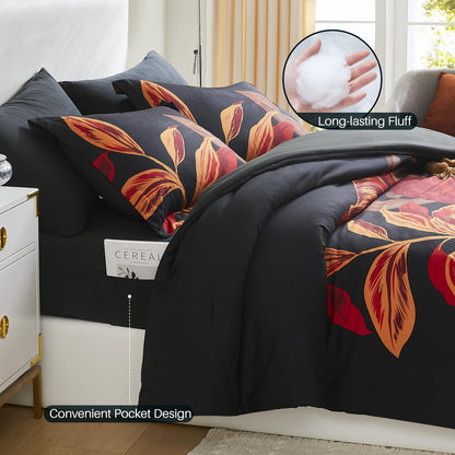 WRENSONGE King Size Comforter Set, 7 Pieces Black Red Floral Comforter Set with Red Leaf Pattern King Bedding Set, Soft Breathable Bed