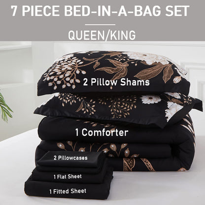 Yogeneg 7 Piece Bed in a Bag King Size Comforter Set Botanical Floral Bedding Set,White Flower Leaves Printed on Black Reversible Design