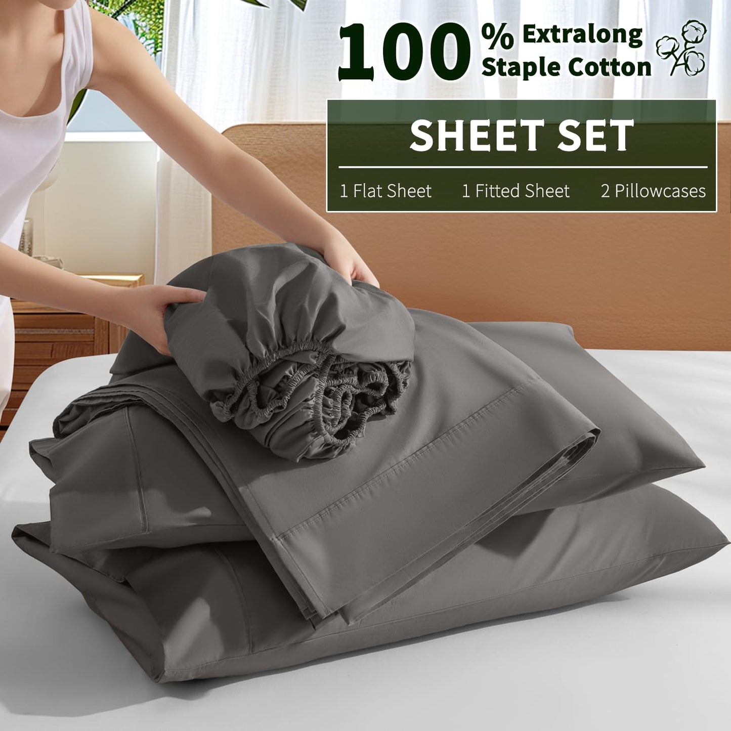 Luxury 1000 High Thread Count Egyptian Cotton Bed Sheets 4 PC, Breathable & Cooling Sheets, 16" Deep Pocket