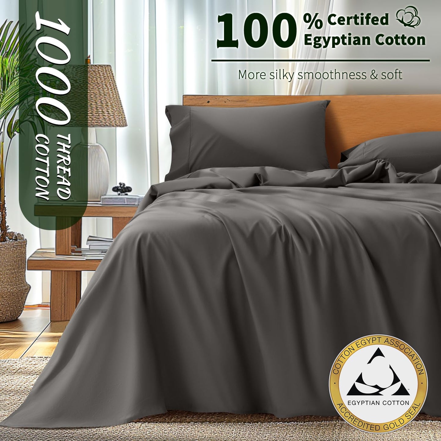 Luxury 1000 High Thread Count Egyptian Cotton Bed Sheets 4 PC, Breathable & Cooling Sheets, 16" Deep Pocket