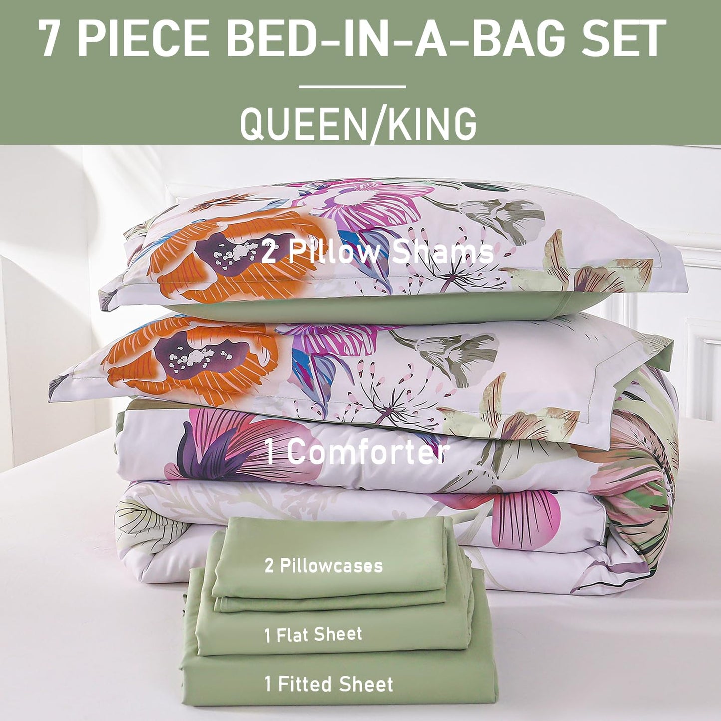 Yogeneg 7 Piece Bed in a Bag King Size Comforter Set Botanical Floral Bedding Set,White Flower Leaves Printed on Black Reversible Design