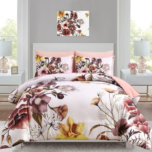 Luxudecor Floral Comforter Set King Size 7 Piece, Blush Flower Bed in a Bag, Elegant Floral Comforter with Sheet Set