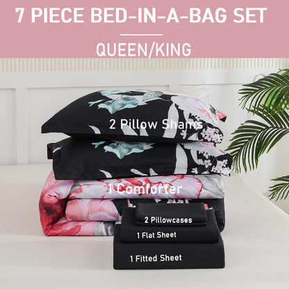 Yogeneg 7 Piece Bed in a Bag King Size Comforter Set Botanical Floral Bedding Set,White Flower Leaves Printed on Black Reversible Design