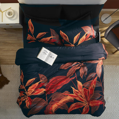 WRENSONGE King Size Comforter Set, 7 Pieces Black Red Floral Comforter Set with Red Leaf Pattern King Bedding Set, Soft Breathable Bed