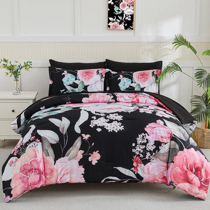 Yogeneg 7 Piece Bed in a Bag King Size Comforter Set Botanical Floral Bedding Set,White Flower Leaves Printed on Black Reversible Design