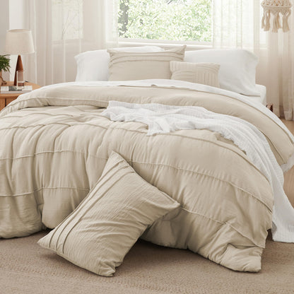 Bedsure Beige Queen Comforter Set - 4 Pieces Pinch Pleat Bed Set, Down Alternative Bedding Sets for All Season, 1 Comforter, 2 Pillowcases, 1 Decorative Pillow