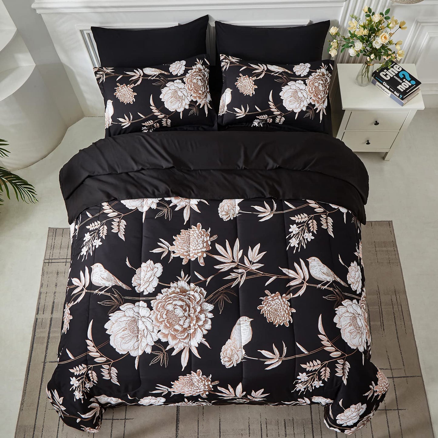 Yogeneg 7 Piece Bed in a Bag King Size Comforter Set Botanical Floral Bedding Set,White Flower Leaves Printed on Black Reversible Design