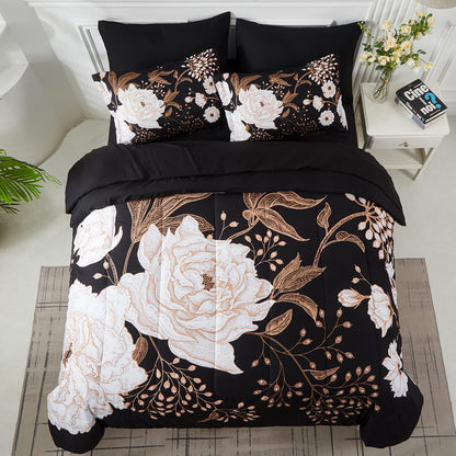 Yogeneg 7 Piece Bed in a Bag King Size Comforter Set Botanical Floral Bedding Set,White Flower Leaves Printed on Black Reversible Design