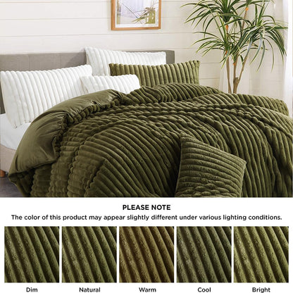 Nayoroom Fluffy Faux Fur Duvet Cover Queen Size Velvet Flannel Olive Green Striped Reversible Comforter Cover Winter Warm 3 Pcs