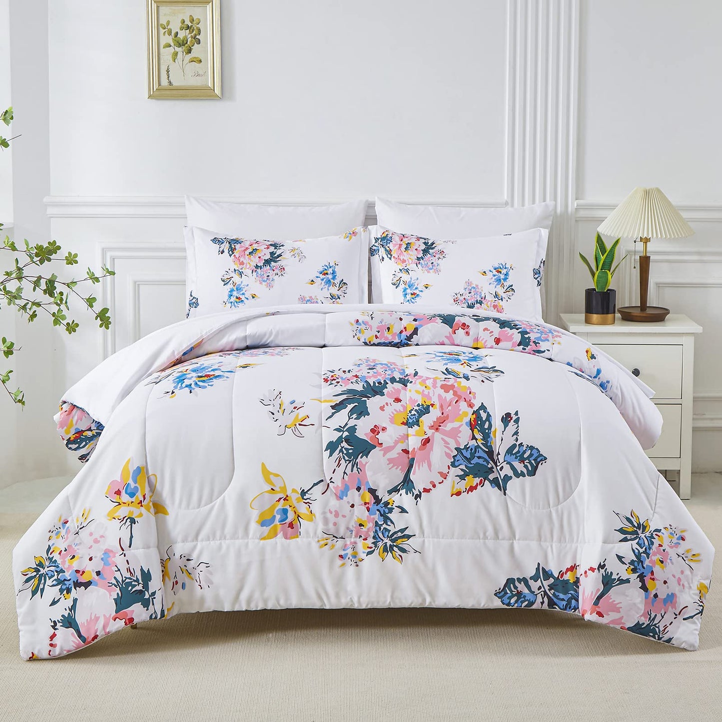 Yogeneg 7 Piece Bed in a Bag King Size Comforter Set Botanical Floral Bedding Set,White Flower Leaves Printed on Black Reversible Design