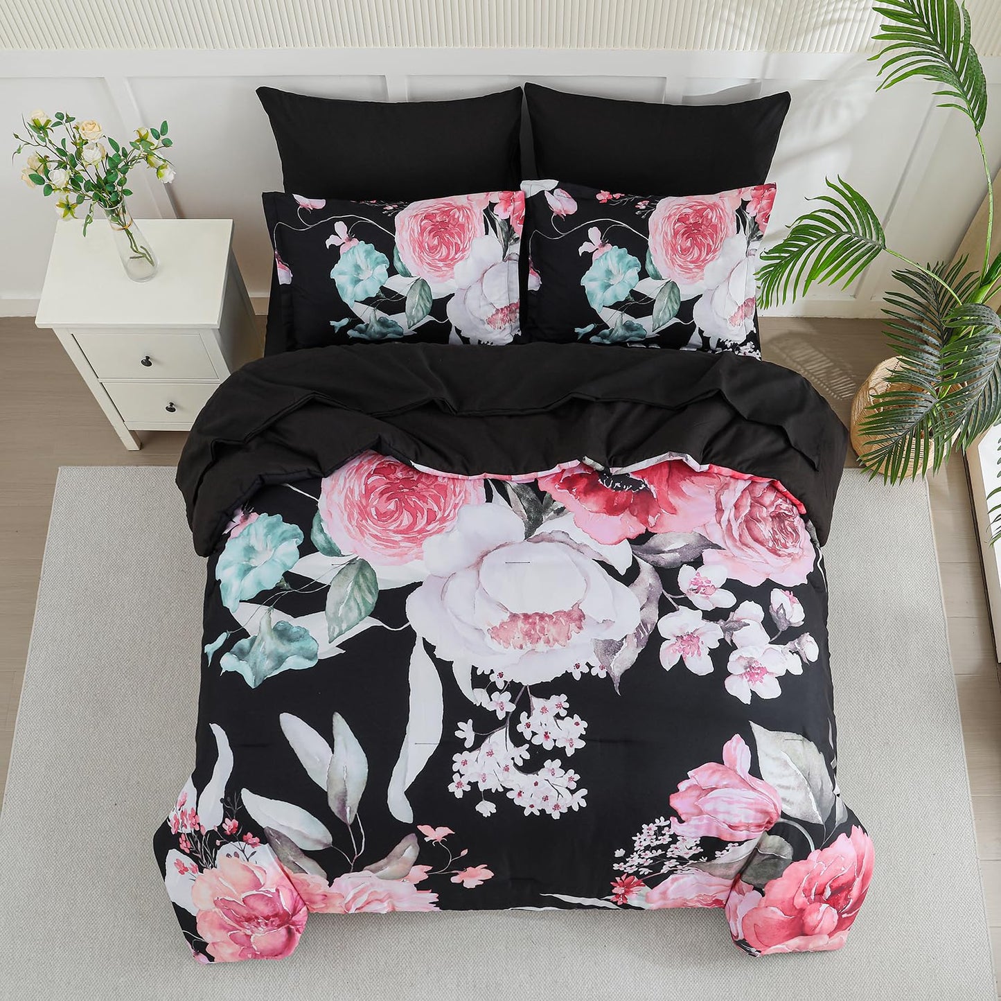 Yogeneg 7 Piece Bed in a Bag King Size Comforter Set Botanical Floral Bedding Set,White Flower Leaves Printed on Black Reversible Design