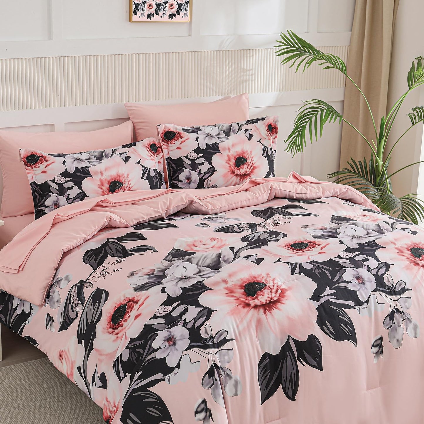 Yogeneg 7 Piece Bed in a Bag King Size Comforter Set Botanical Floral Bedding Set,White Flower Leaves Printed on Black Reversible Design