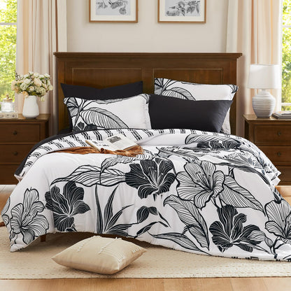 WRENSONGE King Size Comforter Set, 7 Pieces Black Red Floral Comforter Set with Red Leaf Pattern King Bedding Set, Soft Breathable Bed