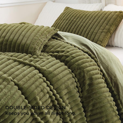 Nayoroom Fluffy Faux Fur Duvet Cover Queen Size Velvet Flannel Olive Green Striped Reversible Comforter Cover Winter Warm 3 Pcs