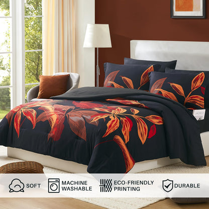 WRENSONGE King Size Comforter Set, 7 Pieces Black Red Floral Comforter Set with Red Leaf Pattern King Bedding Set, Soft Breathable Bed