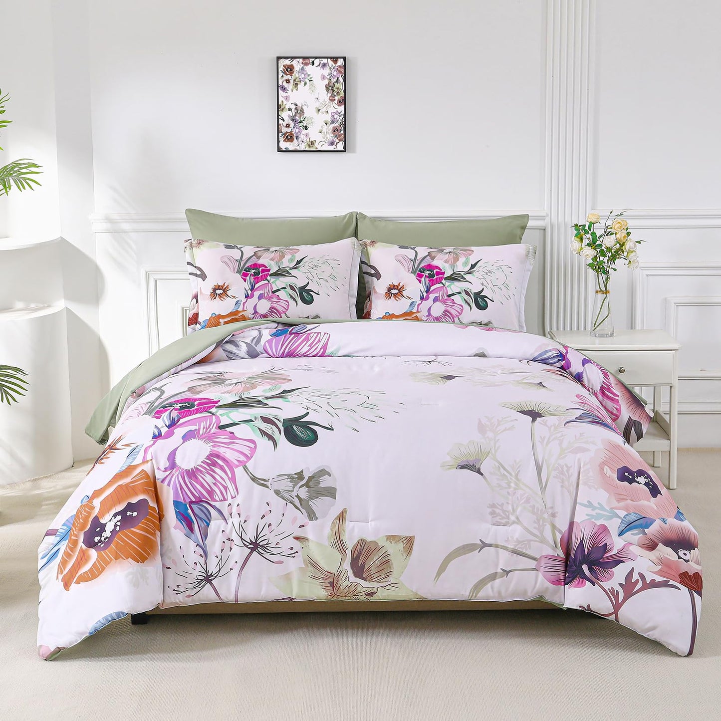 Yogeneg 7 Piece Bed in a Bag King Size Comforter Set Botanical Floral Bedding Set,White Flower Leaves Printed on Black Reversible Design