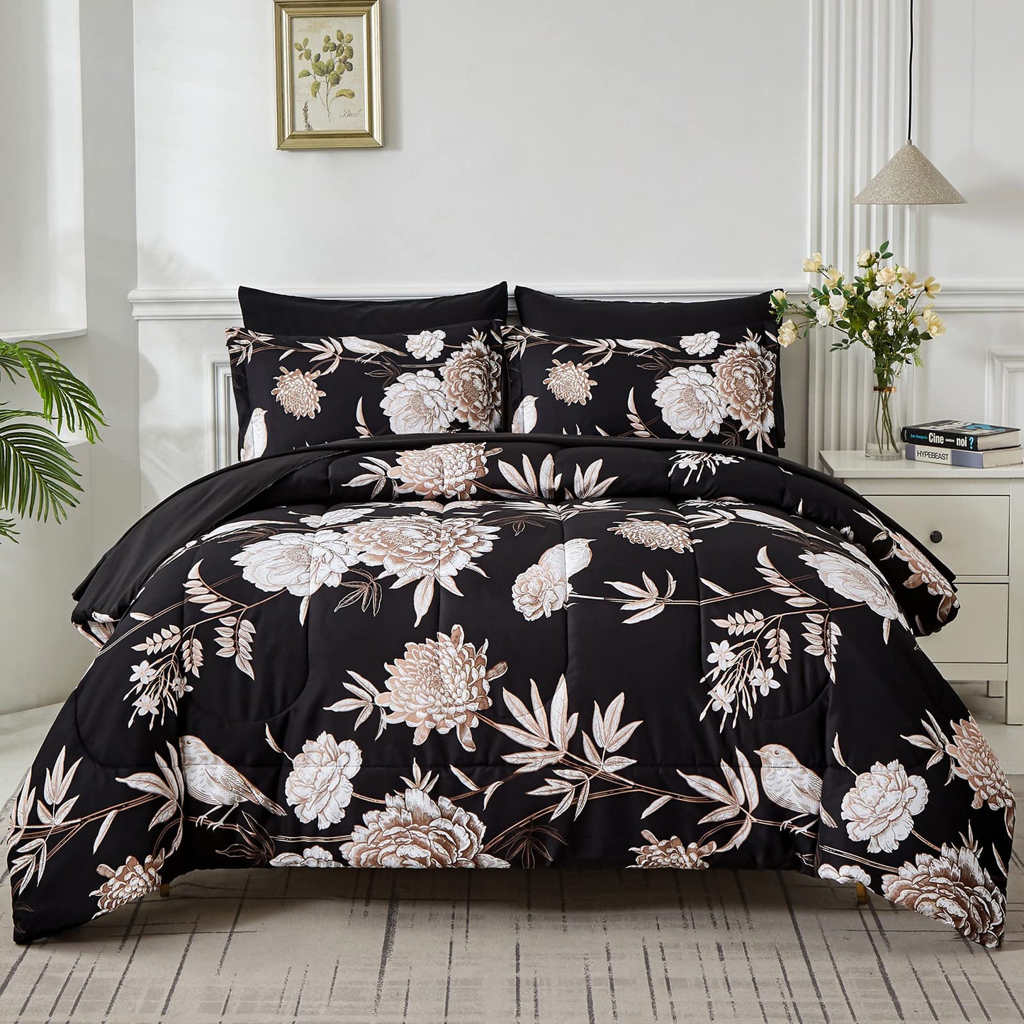 Yogeneg 7 Piece Bed in a Bag King Size Comforter Set Botanical Floral Bedding Set,White Flower Leaves Printed on Black Reversible Design