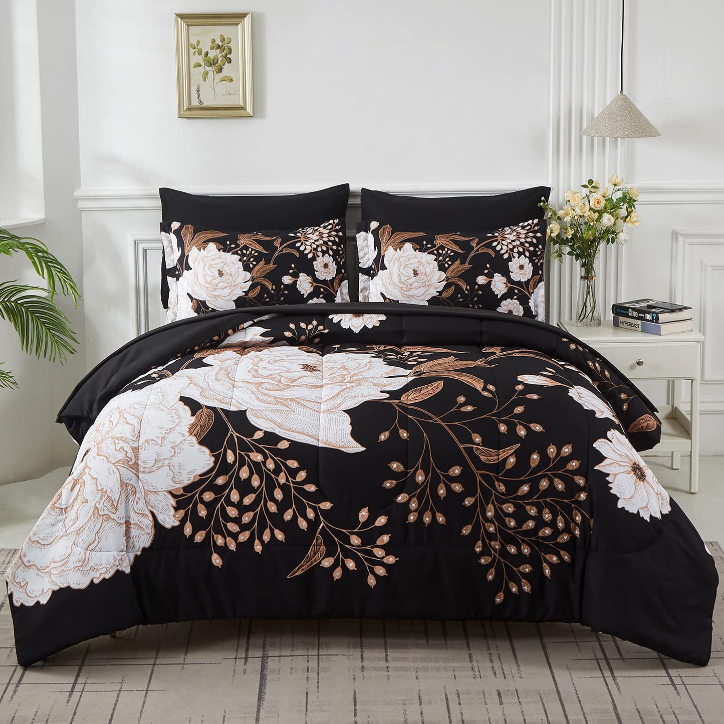 Yogeneg 7 Piece Bed in a Bag King Size Comforter Set Botanical Floral Bedding Set,White Flower Leaves Printed on Black Reversible Design