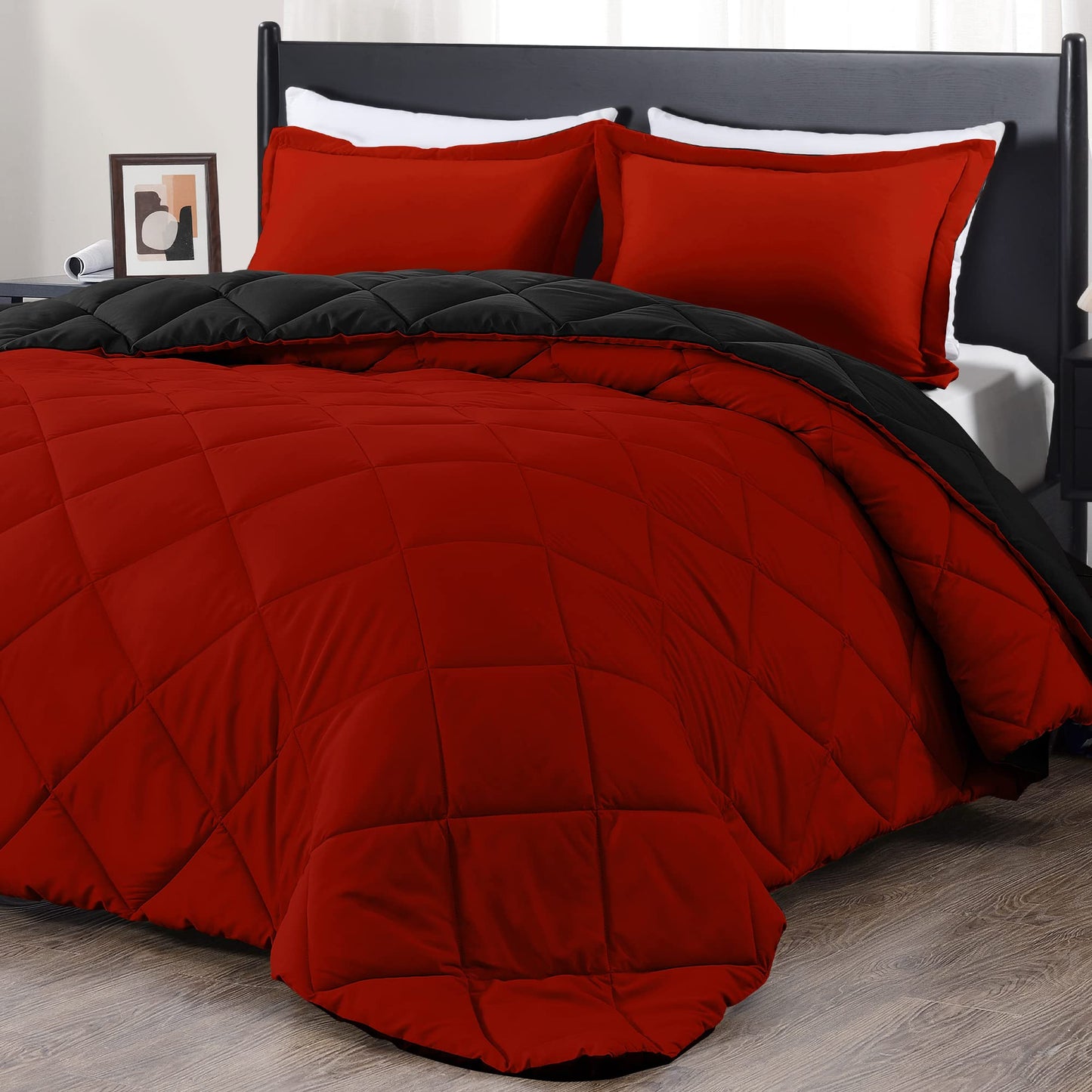 Downluxe King Size Comforter Set - Red and Black King Comforter, Soft Bedding Sets for All Seasons - 3 Pieces